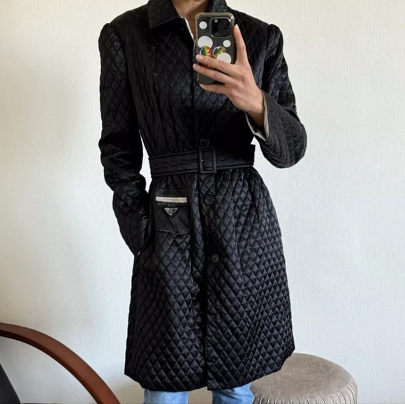PRADA Black Diamond Quilted Trench Coat with triangle logo AUTHENTIC - Picture 5 of 17